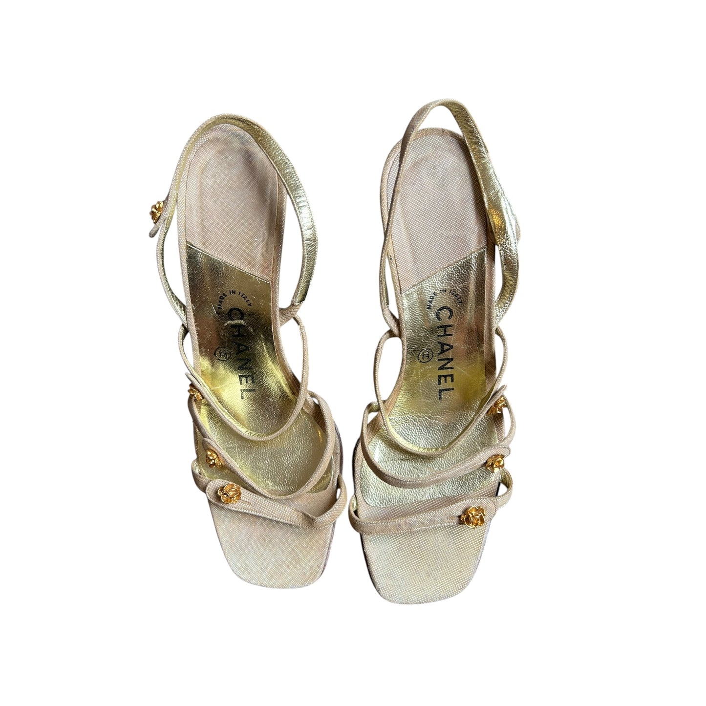 Vintage Chanel magnolia details strap pink glittery sandals / 39