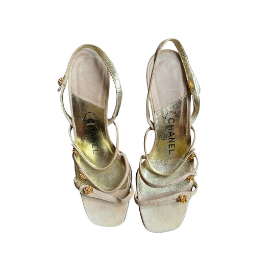 Vintage Chanel magnolia details strap pink glittery sandals / 39