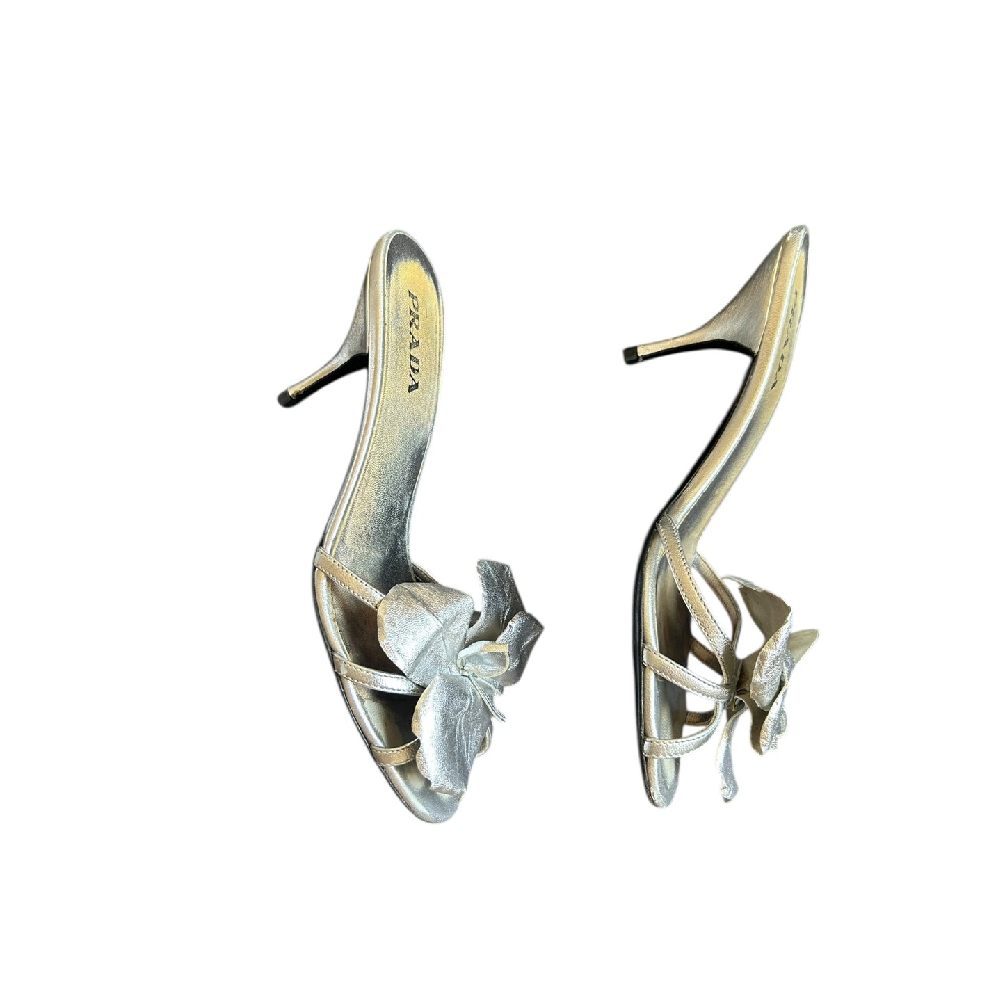 Vintage rare Prada floral appliqué silver mule heels/ 37