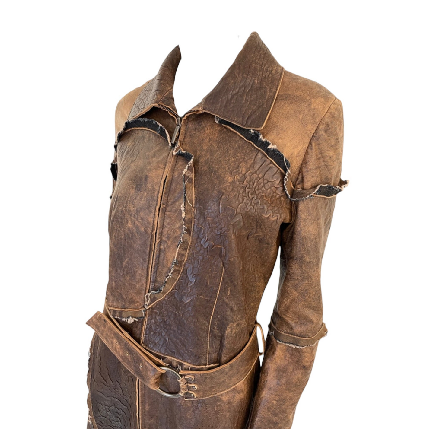 Vintage Cavalli AW05 brown leather asymmetrical distressed coat