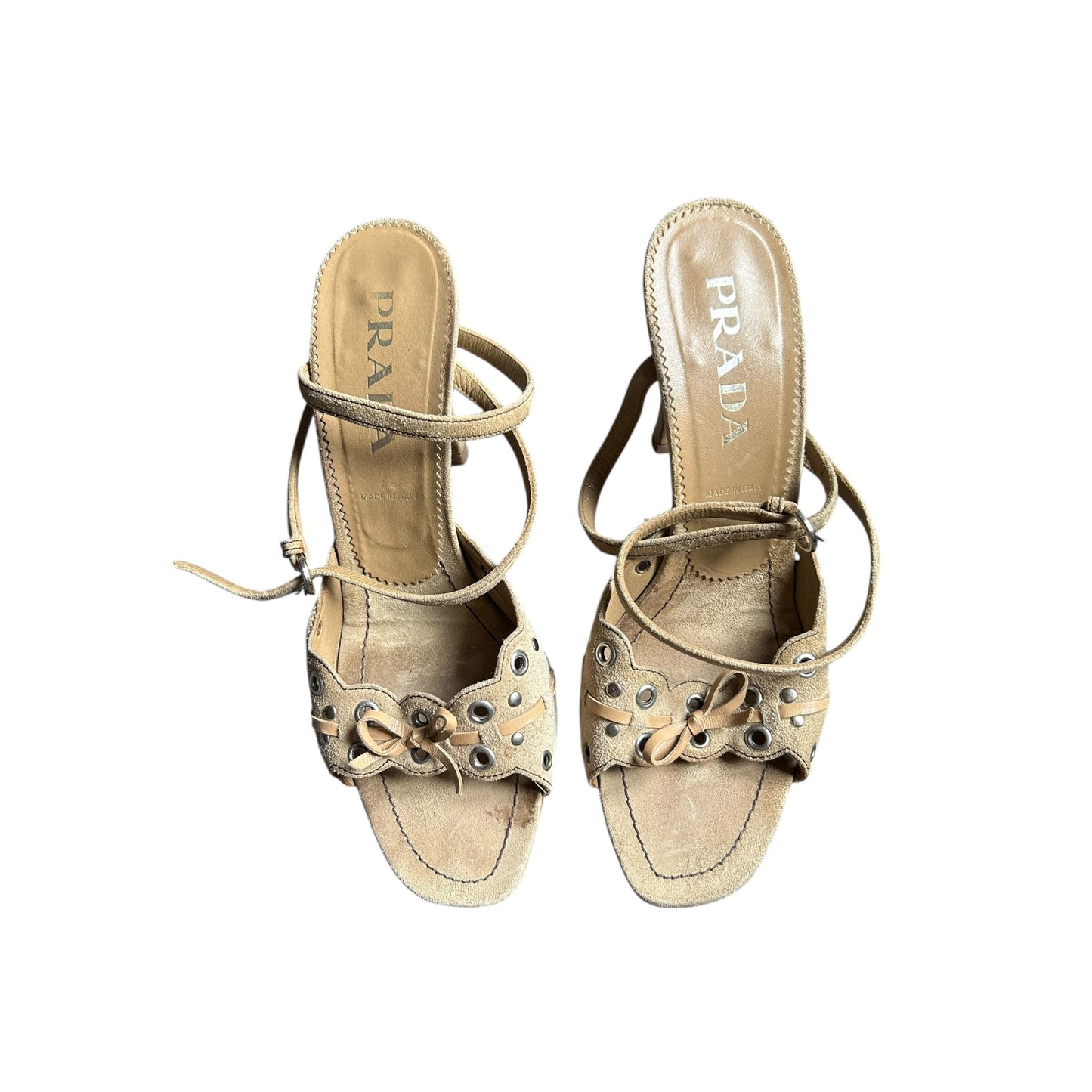 Vintage Prada suede beige eyelet strap sandal heel / 40