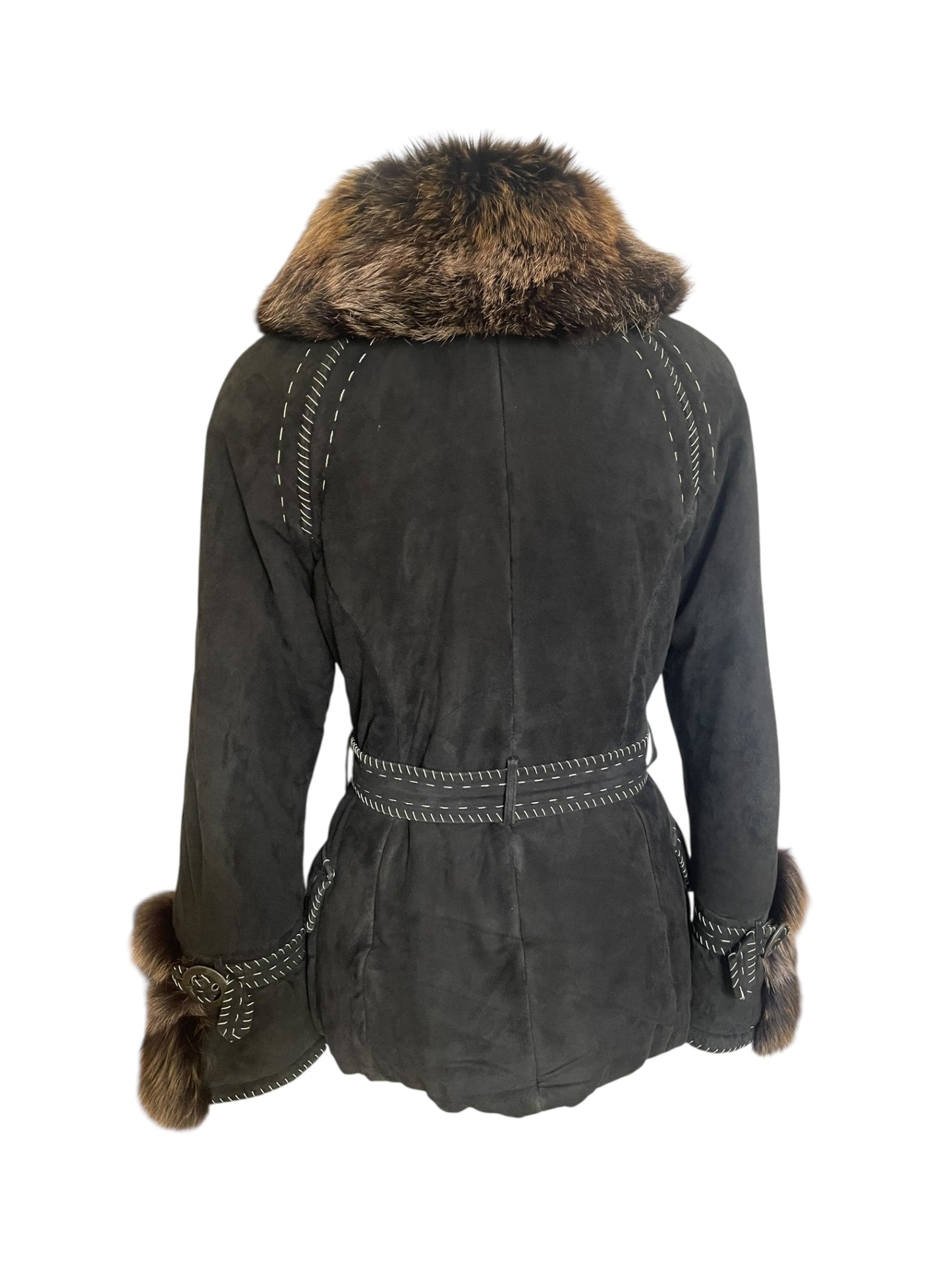 Vintage Roberto Cavalli 2006 Black Suede Washed look Jacket with Fox Fur Collar & Belt