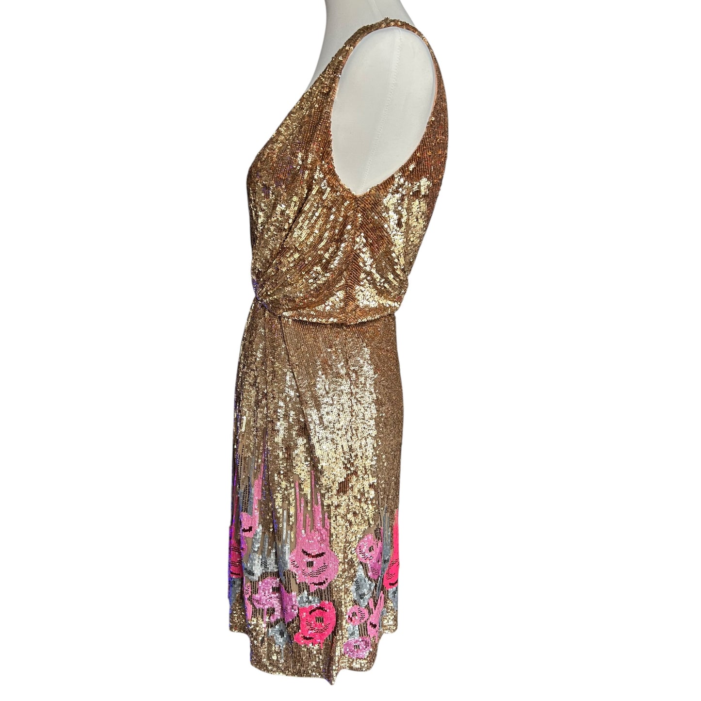 Vintage Blumarine SS2000 Gold Sequin Plunge Dress with Pink Floral Hem runway