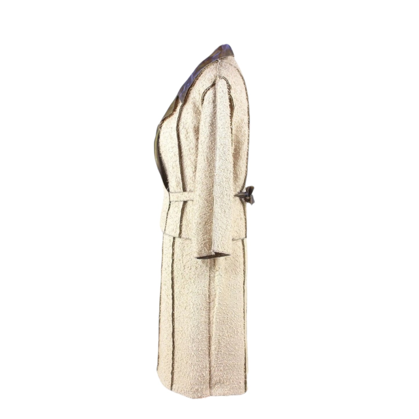 Vintage Chanel 1999 fringed beige gold skirt suit and blazer set with olive satin lining