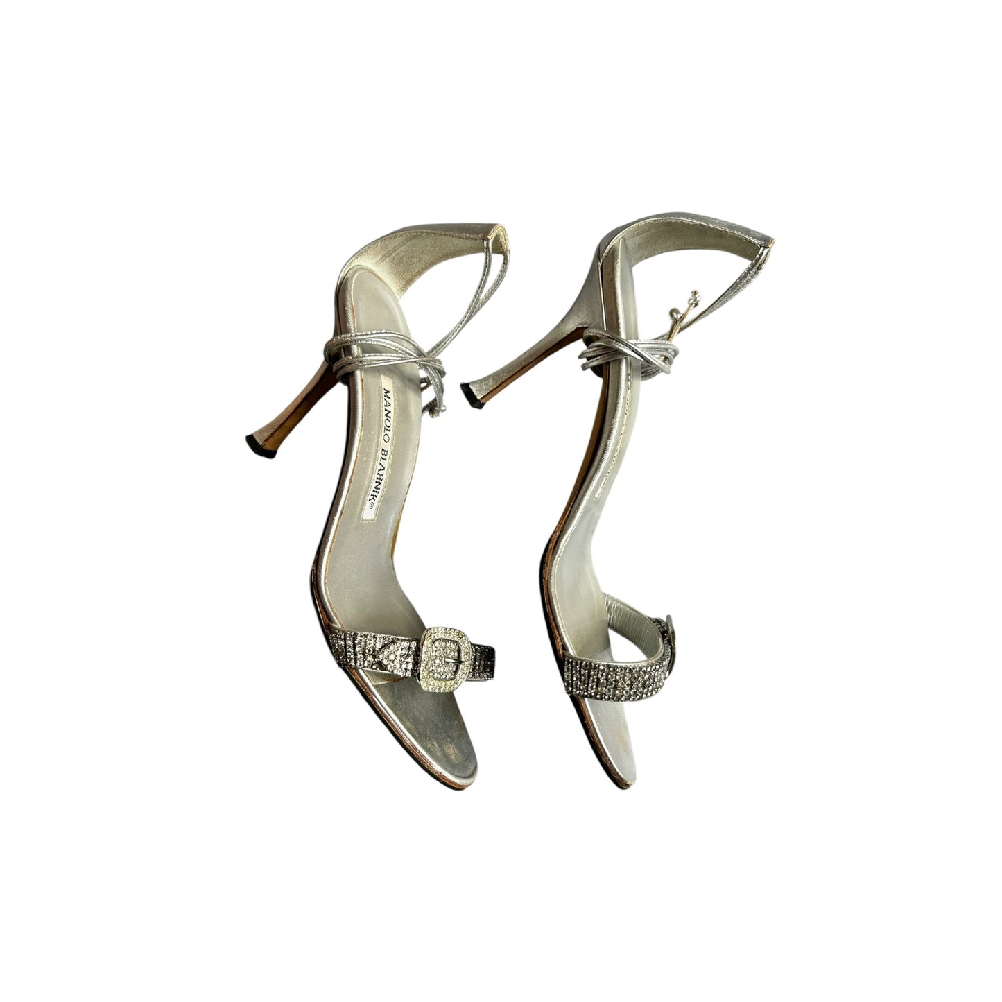 Vintage Manolo Blahnik silver beaded crystal wrap around sandal heels / 36