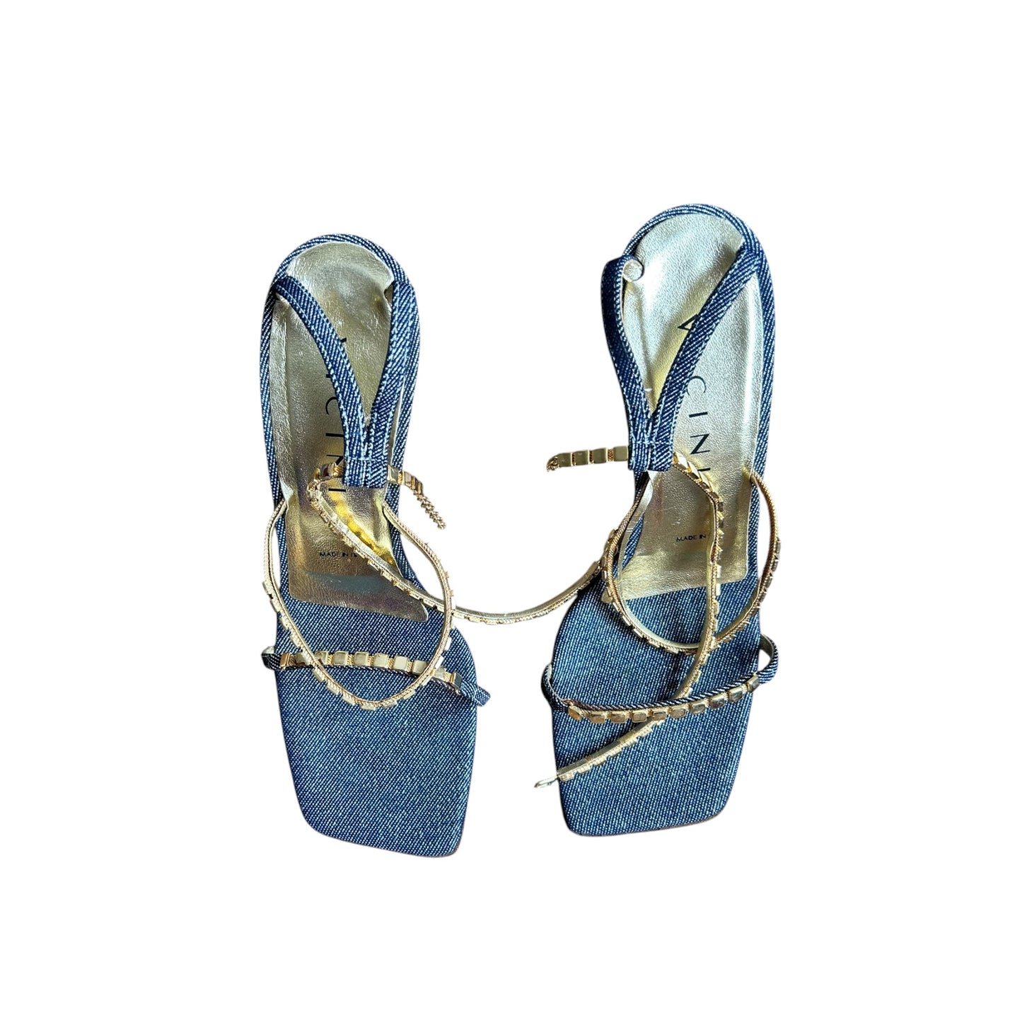 Vintage Vicini by Zanotti denim crystal gold mule heels / 37.5