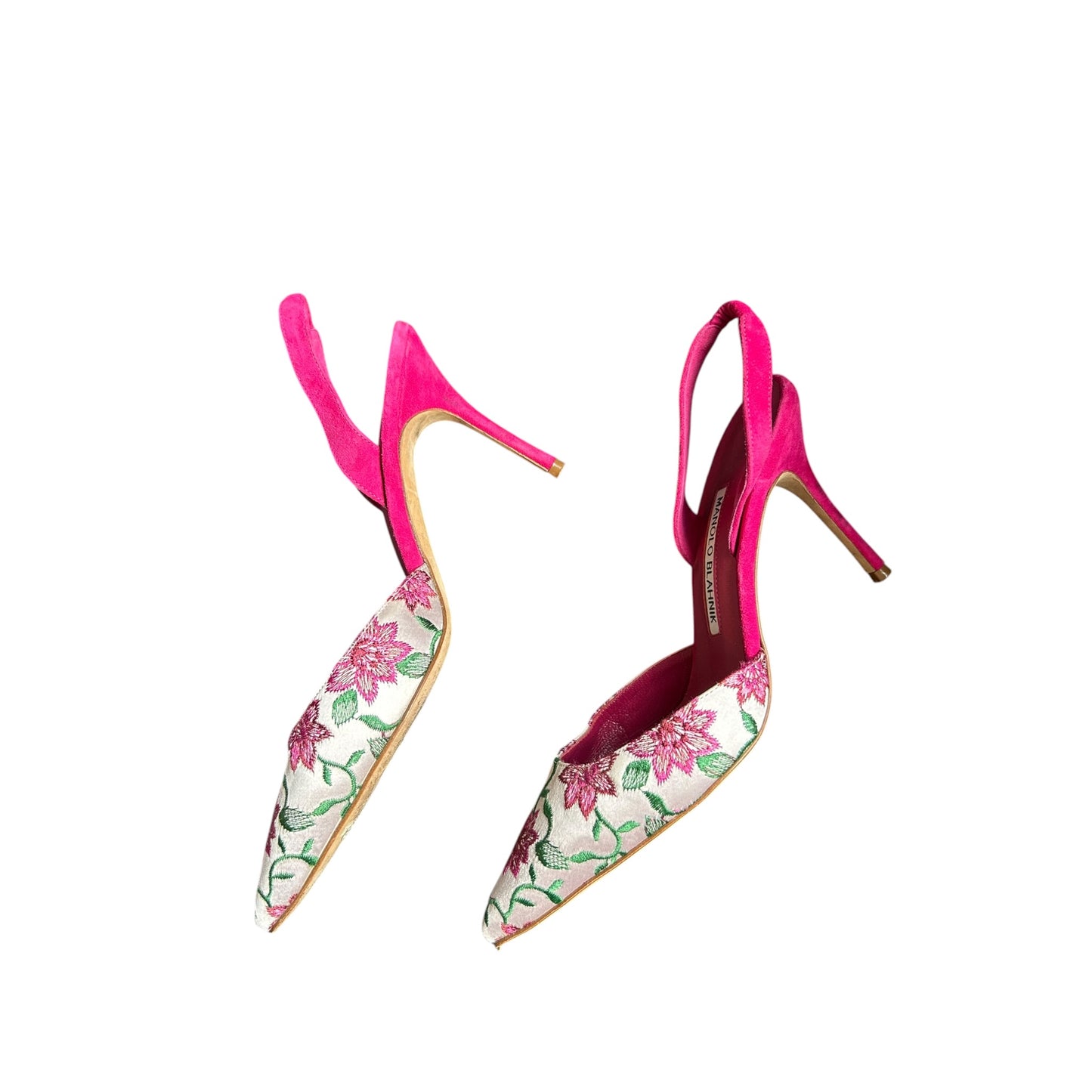 Vintage Manolo Blahnik floral pink suede slingback heels / 36