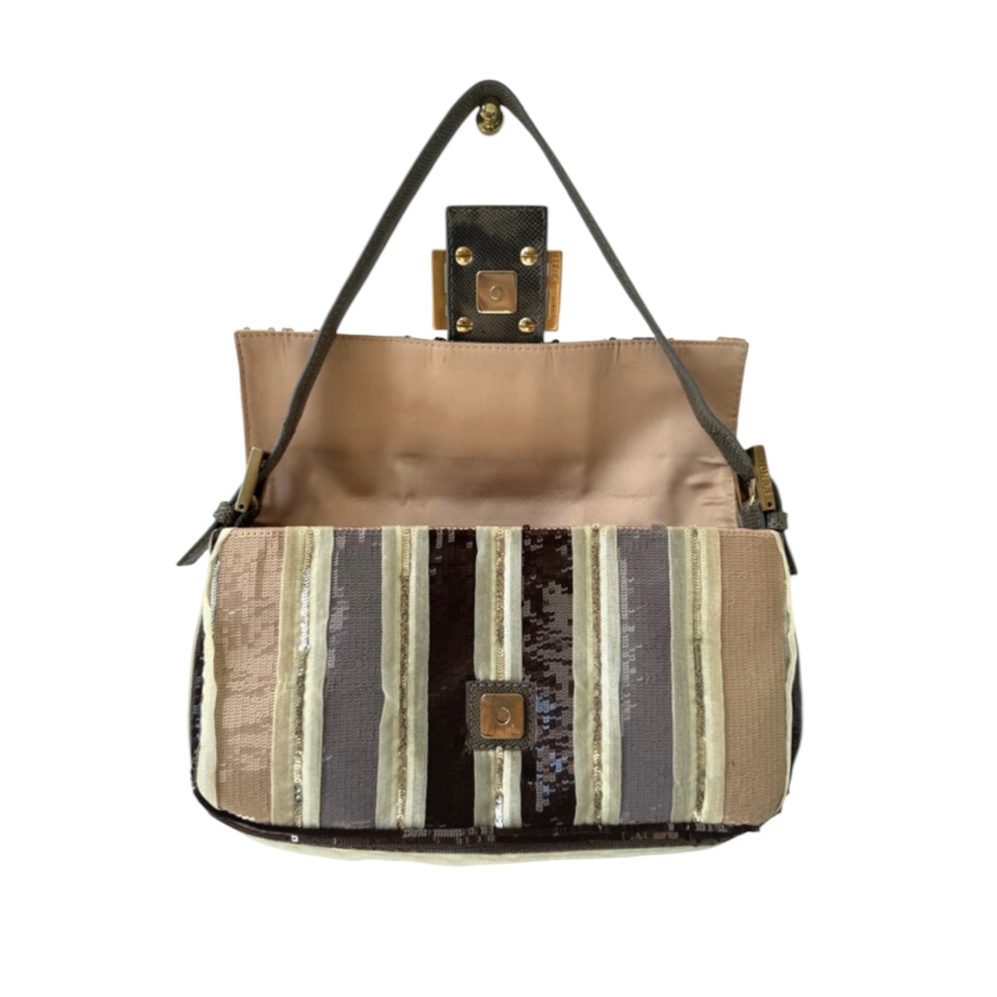 Vintage Fendi Baguette Bag Brown Beige Striped Sequin Zucca FF Shoulder Bag