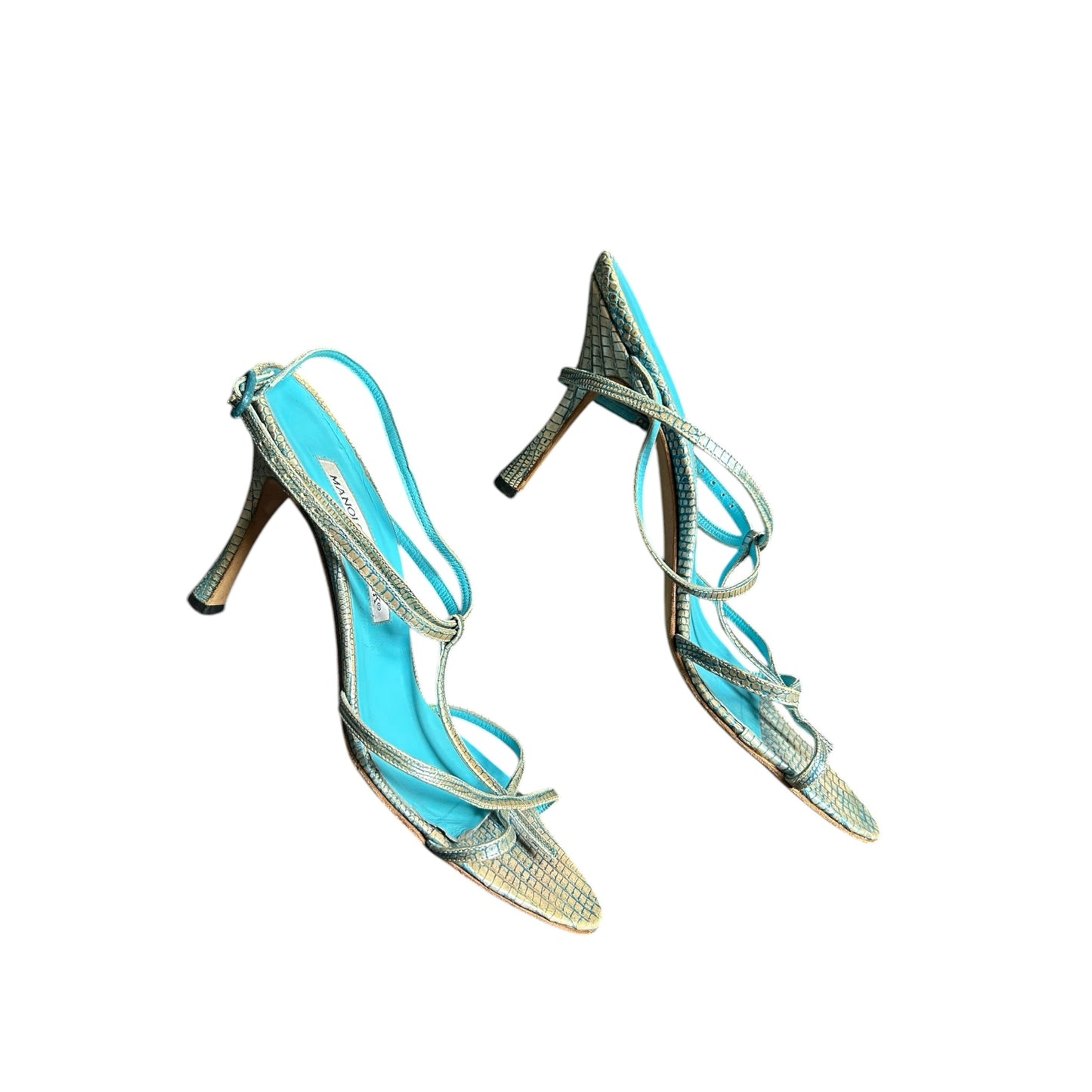 Vintage Manolo Blahnik lizard turquoise strap sandal heels / 37.5