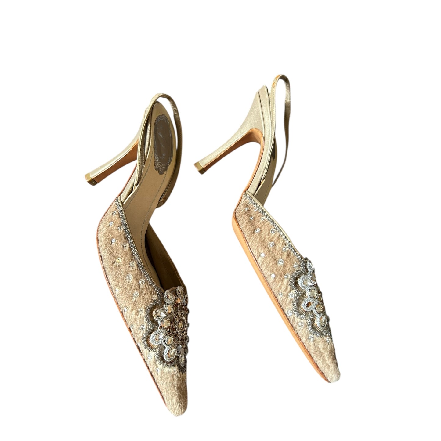 Vintage Rene Caovilla pony hair crystal embroidery rare slingback heels / 37.5