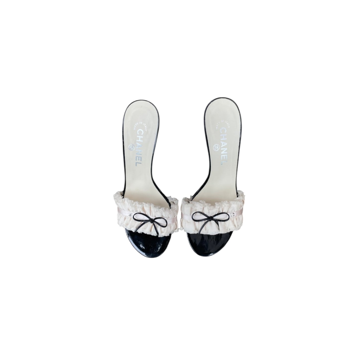 Chanel “CC” Ivory Ruffle Bow Sandal Heels/ 38