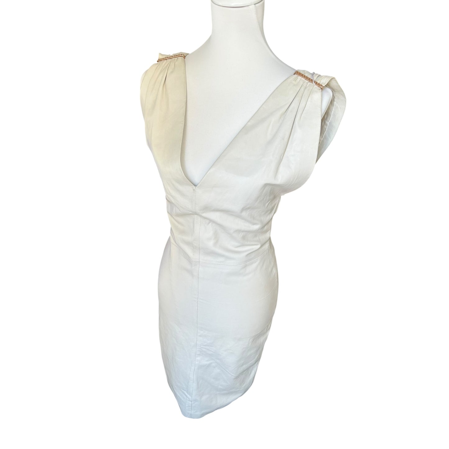 Gianni Versace Vintage 100% Leather Ivory Bodycon Dress with Gold Medusa Hardware NWT