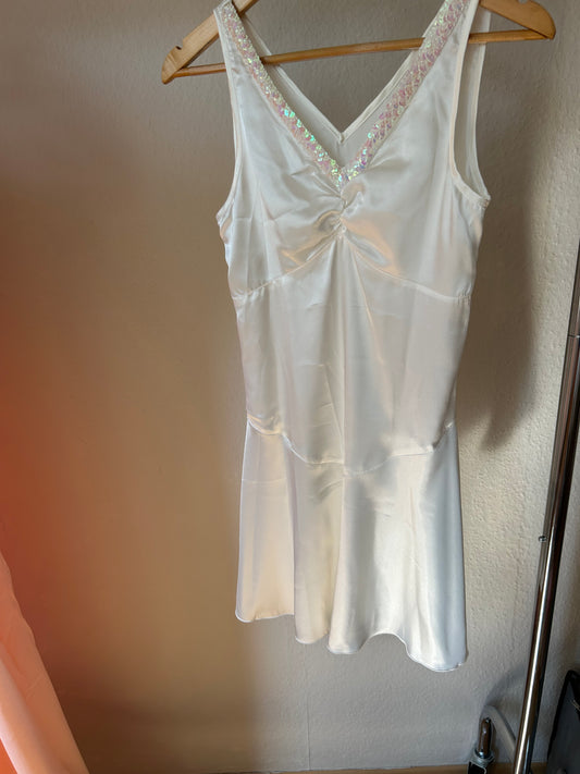 Vintage white silk sequin beaded slip dress / S