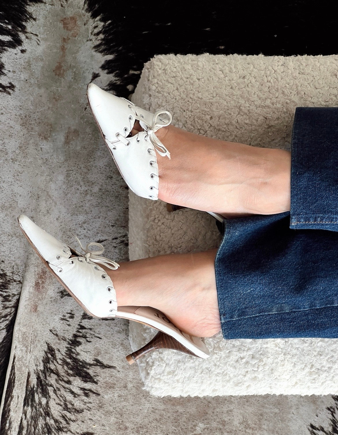 Vintage Dior 2003 Whipstitch Trim Mules "Bondage" collection designed by John Galliano white leather mule heels / 38