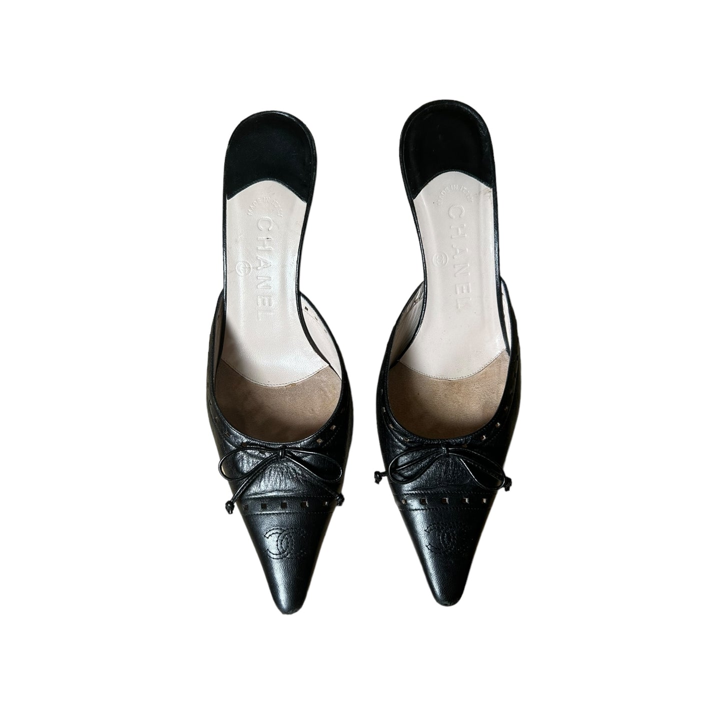 Vintage Chanel CC interlocking logo black leather mules heel by Karl Lagerfeld/ 36.5