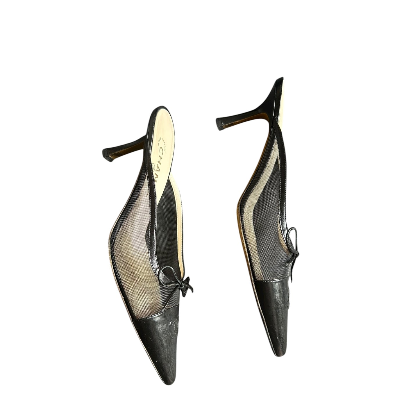 Vintage Chanel CC interlocking logo black leather mesh mule heels / 40
