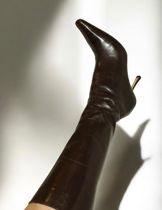 Vintage Jimmy Choo chocolate peony brown knee high boots as seen on Jennifer Aniston / 39