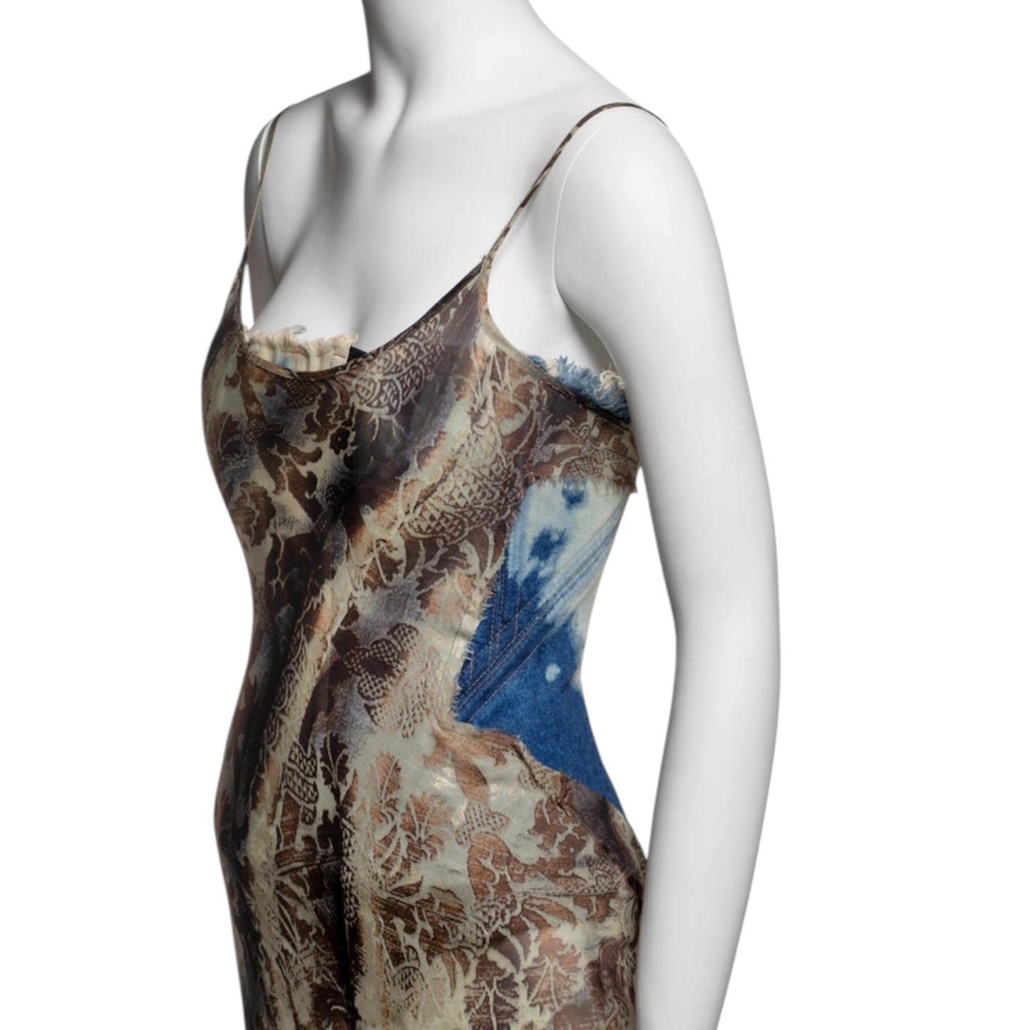 Roberto Cavalli Runway SS2001 Floral Silk Dress with Built-In Bleached Denim Corset