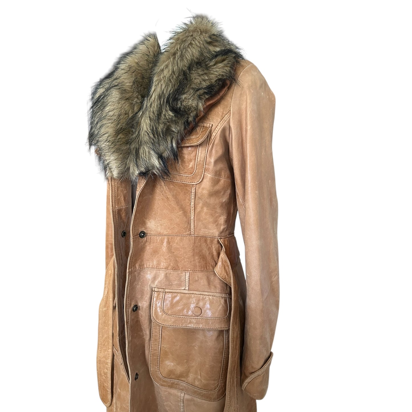 Vintage cognac leather coat washed look with fur detail