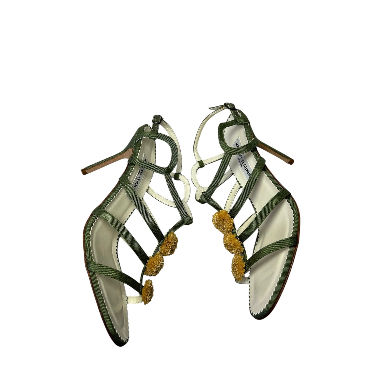 Vintage rare Manolo Blahnik peony green sandal heels / 39.5