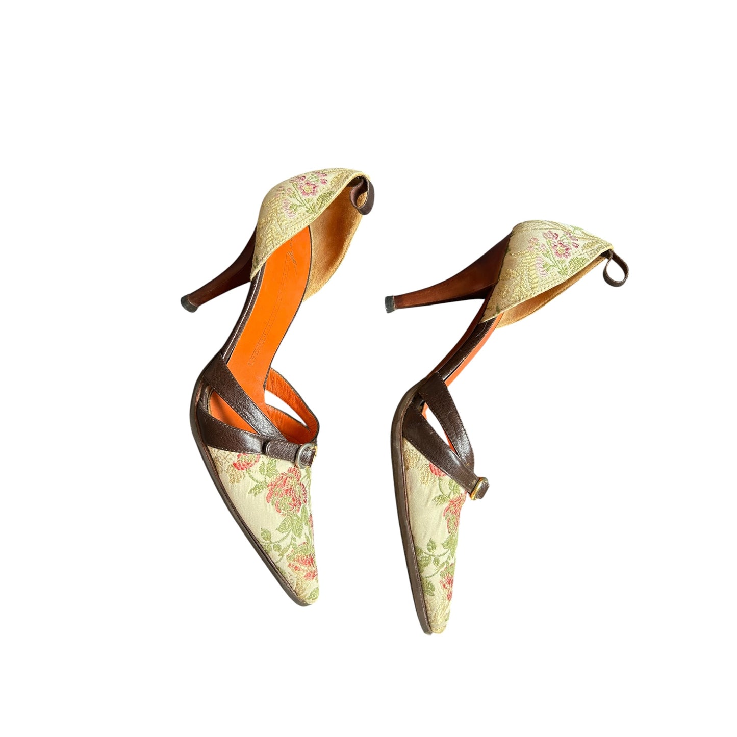 Vintage Giuseppe Zanotti floral canvas brown leather buckle heels / 37