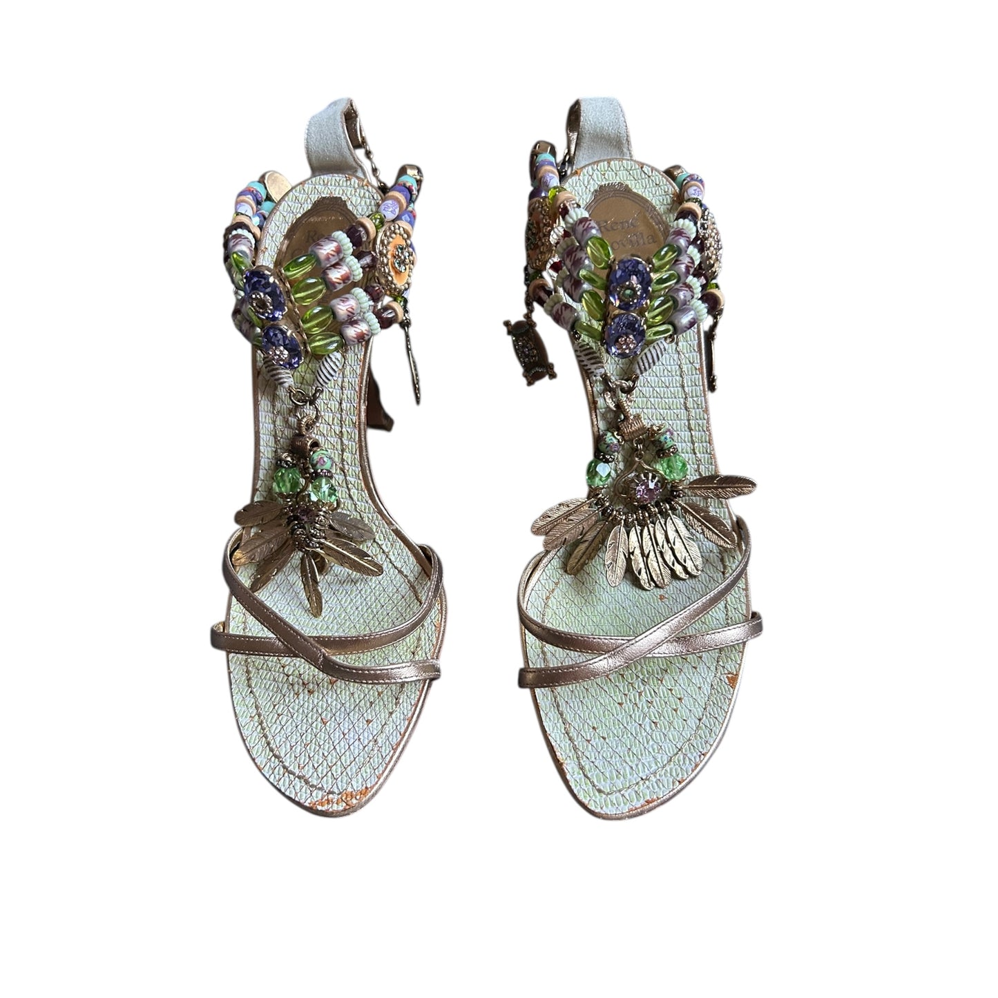 Vintage collector piece Rene Caovilla metallic lizard insole heavy embedded tropical motive sandal heels / 37