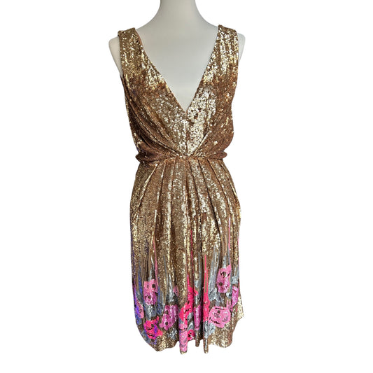 Vintage Blumarine SS2000 Gold Sequin Plunge Dress with Pink Floral Hem runway