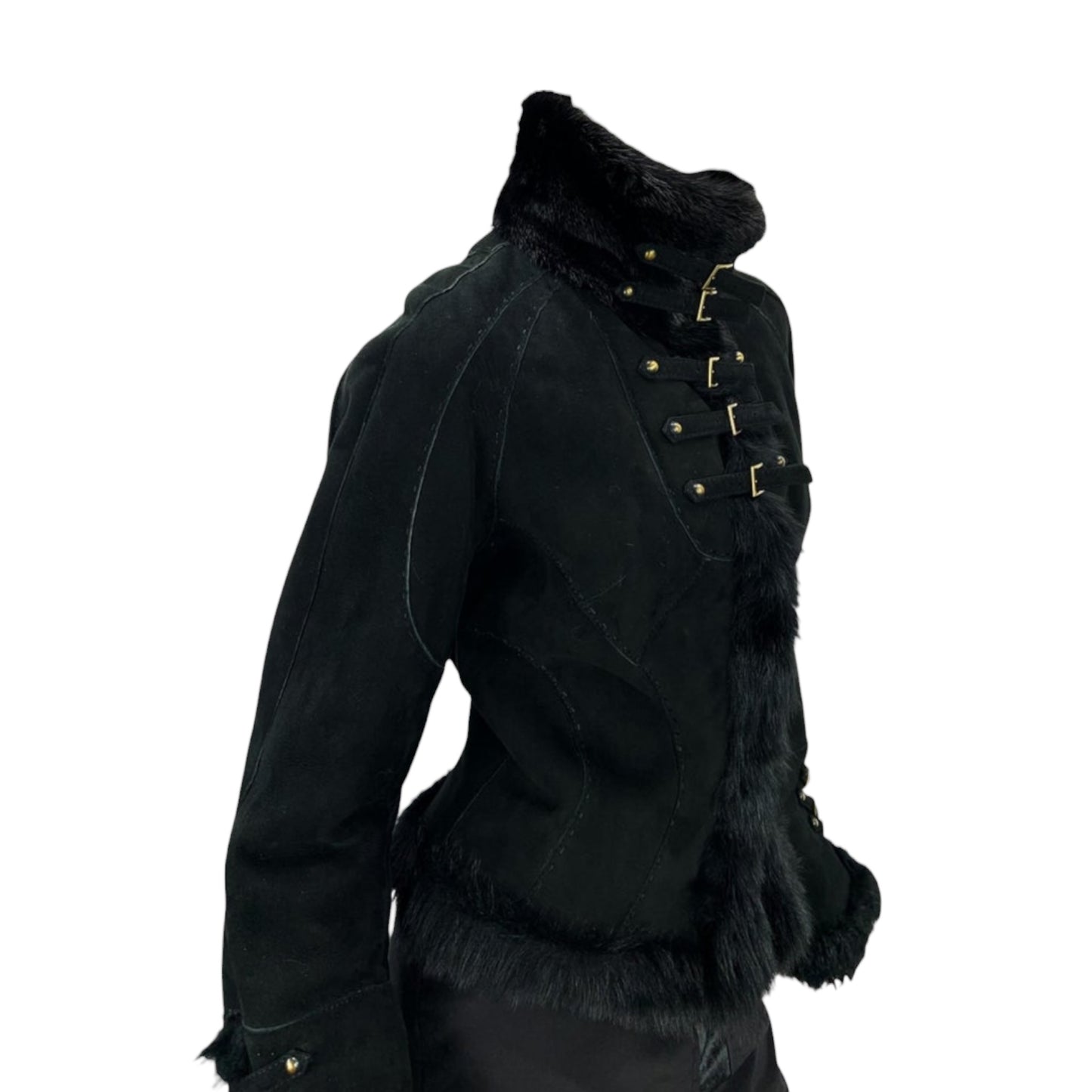 Vintage Roberto Cavalli FW 2004 black suede and mink shearling jacket coat