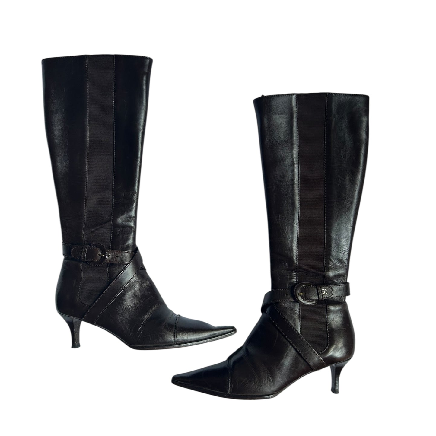Vintage rare Chanel CC interlocking logo knee high brown leather pointy toe boots / 36.5
