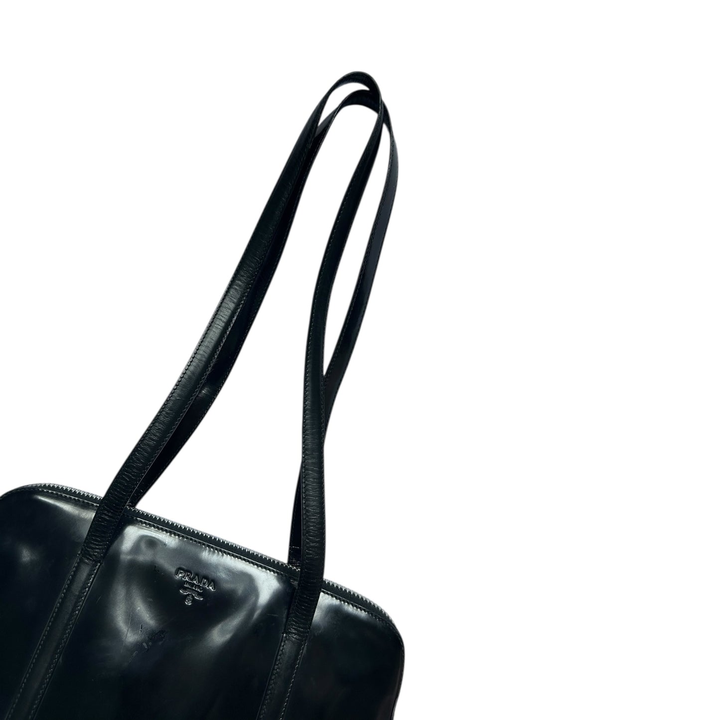 Vintage Prada Spazzolato tote black leather bag as seen on Carolyn Bessette Kennedy