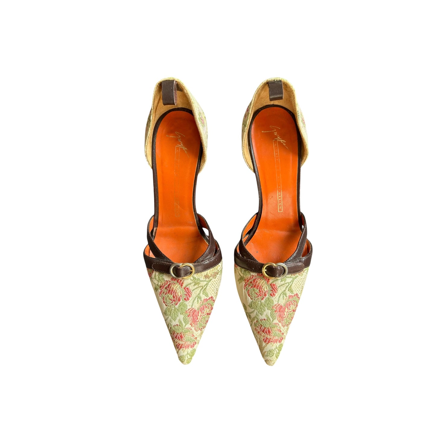 Vintage Giuseppe Zanotti floral canvas brown leather buckle heels / 37