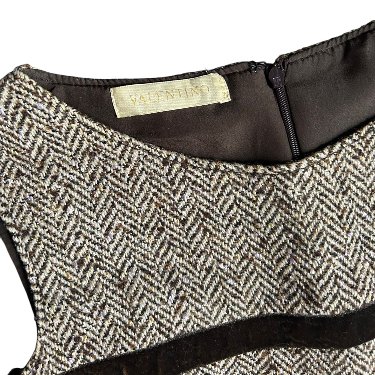 RENTAL ONLY Vintage Valentino 2005 Tweed Dress – Sleeveless A-Line Wool Blend Midi with Black Velvet Trim – Designer Archive Piece