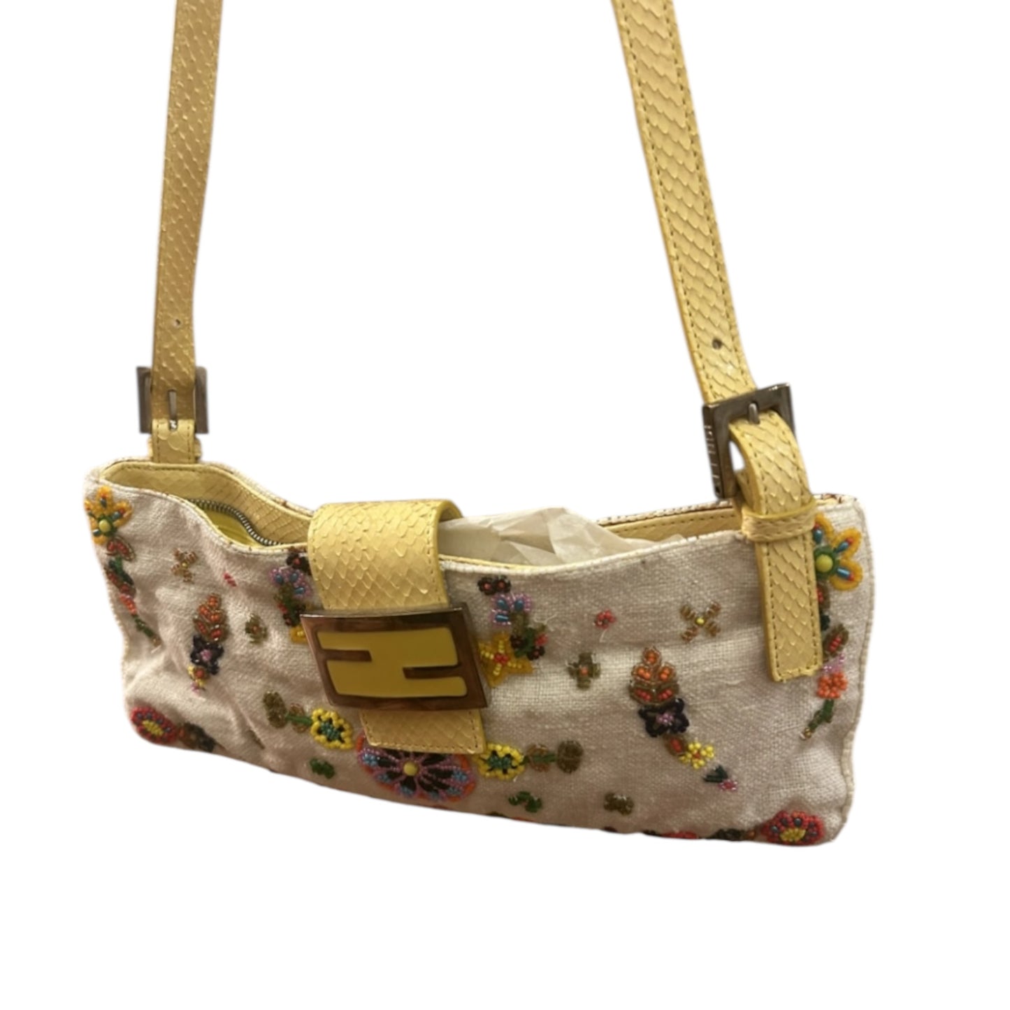Fendi Baguette Floral Beaded Bag – Vintage Linen & Python Leather FF Logo Shoulder Bag
