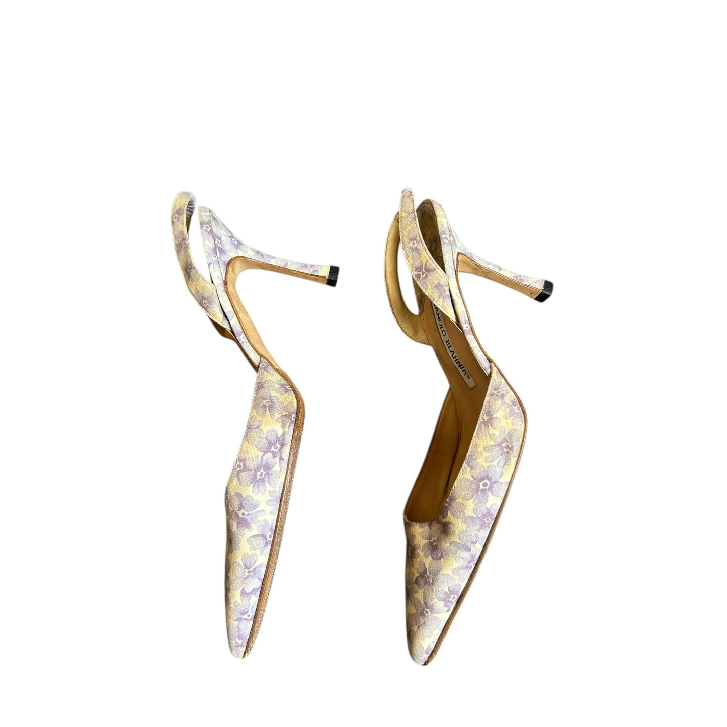 Vintage rare Manolo Blahnik purple floral canvas slingback heels / 37.5