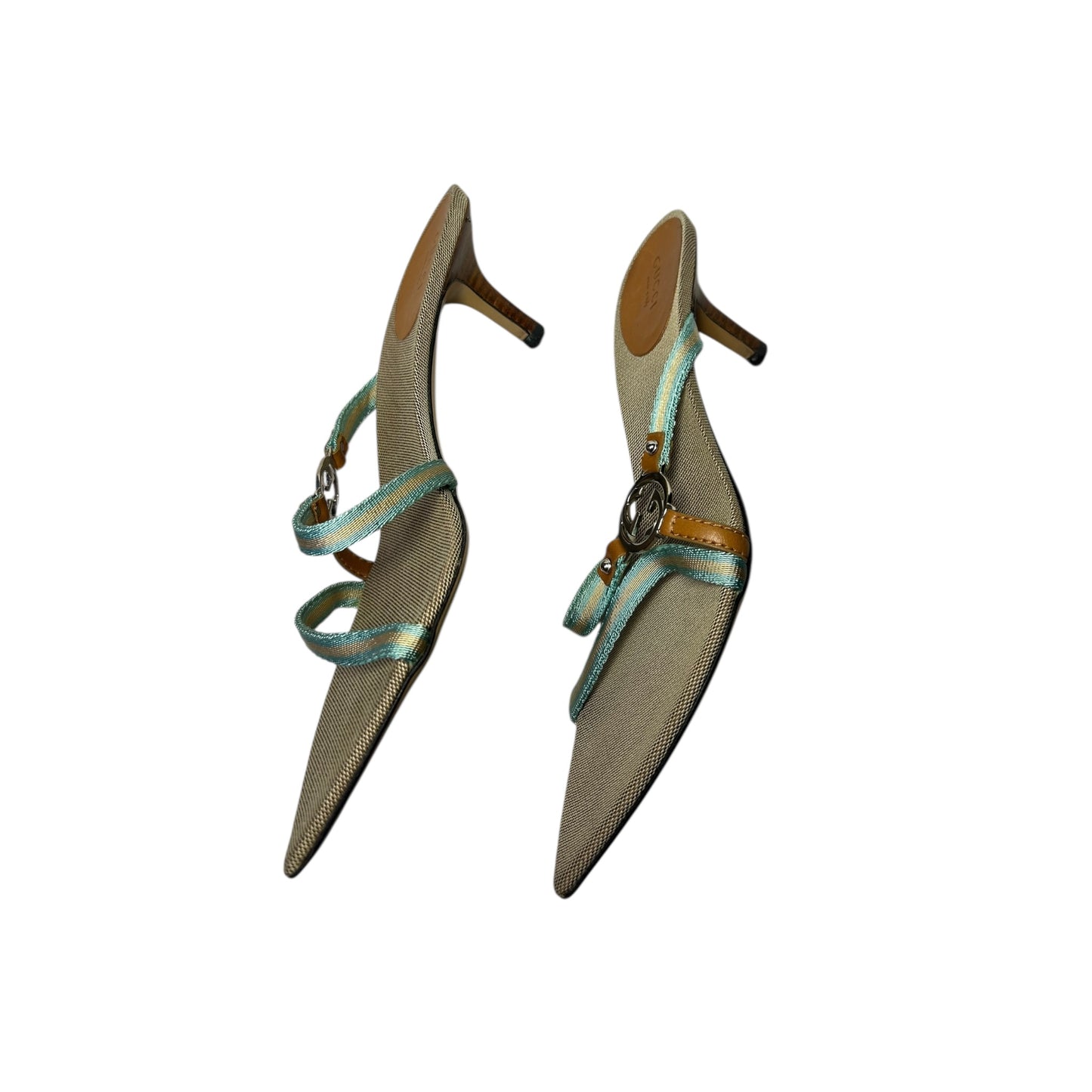 Vintage Gucci by Tom Ford cloth G logo turquoise mule heels / 39