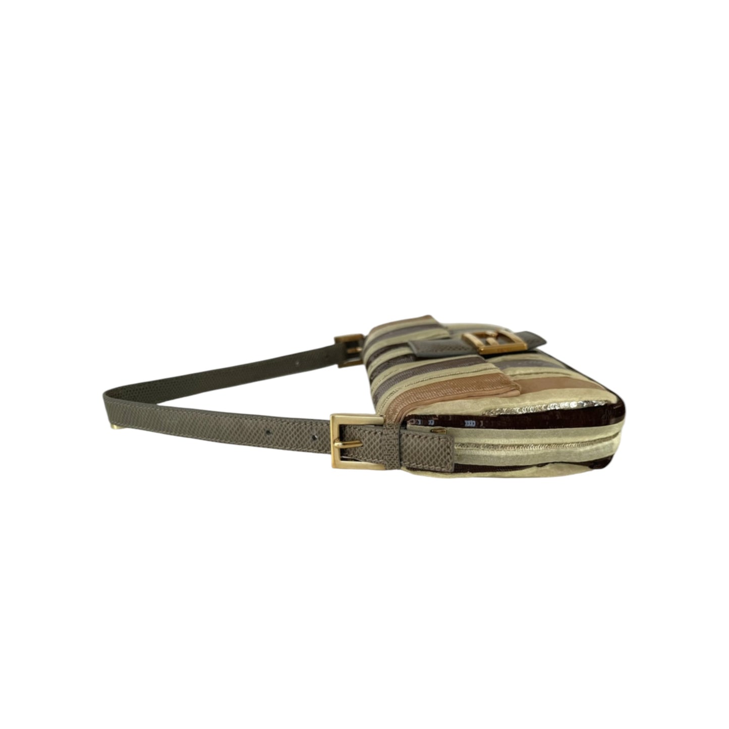 Vintage Fendi Baguette Bag Brown Beige Striped Sequin Zucca FF Shoulder Bag