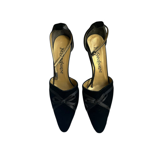 Vintage Yves Saint Laurent bow tie velour black heels / 37.5