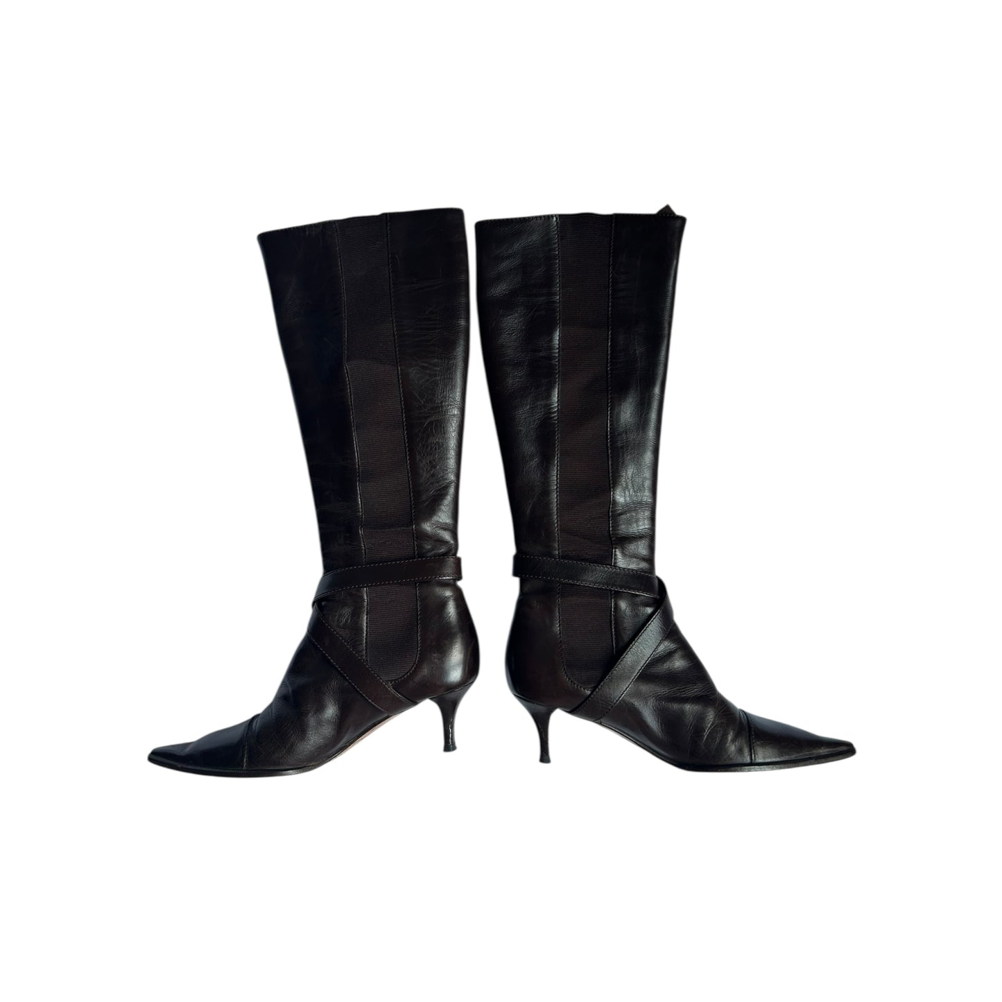 Vintage rare Chanel CC interlocking logo knee high brown leather pointy toe boots / 36.5