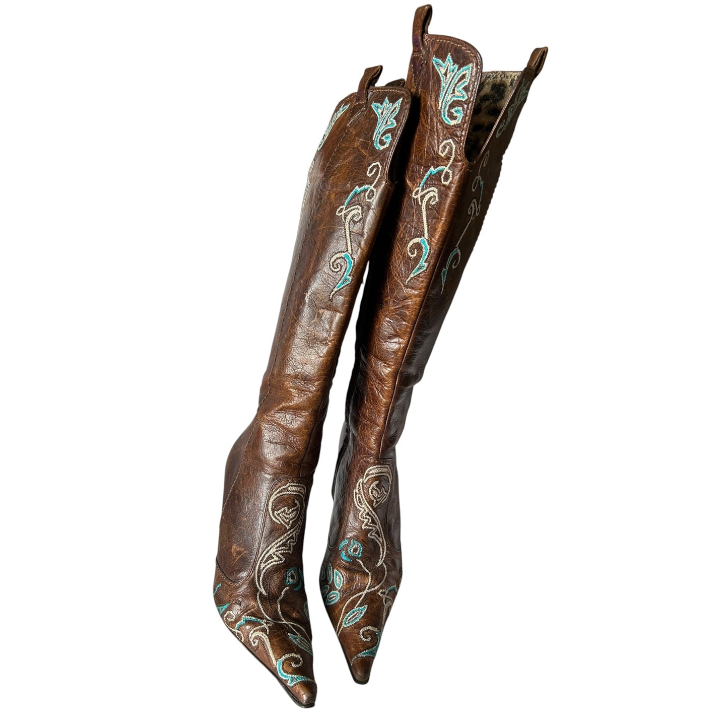 Vintage rare Cavalli cowboy floral embroidered brown leather knee boots / 37