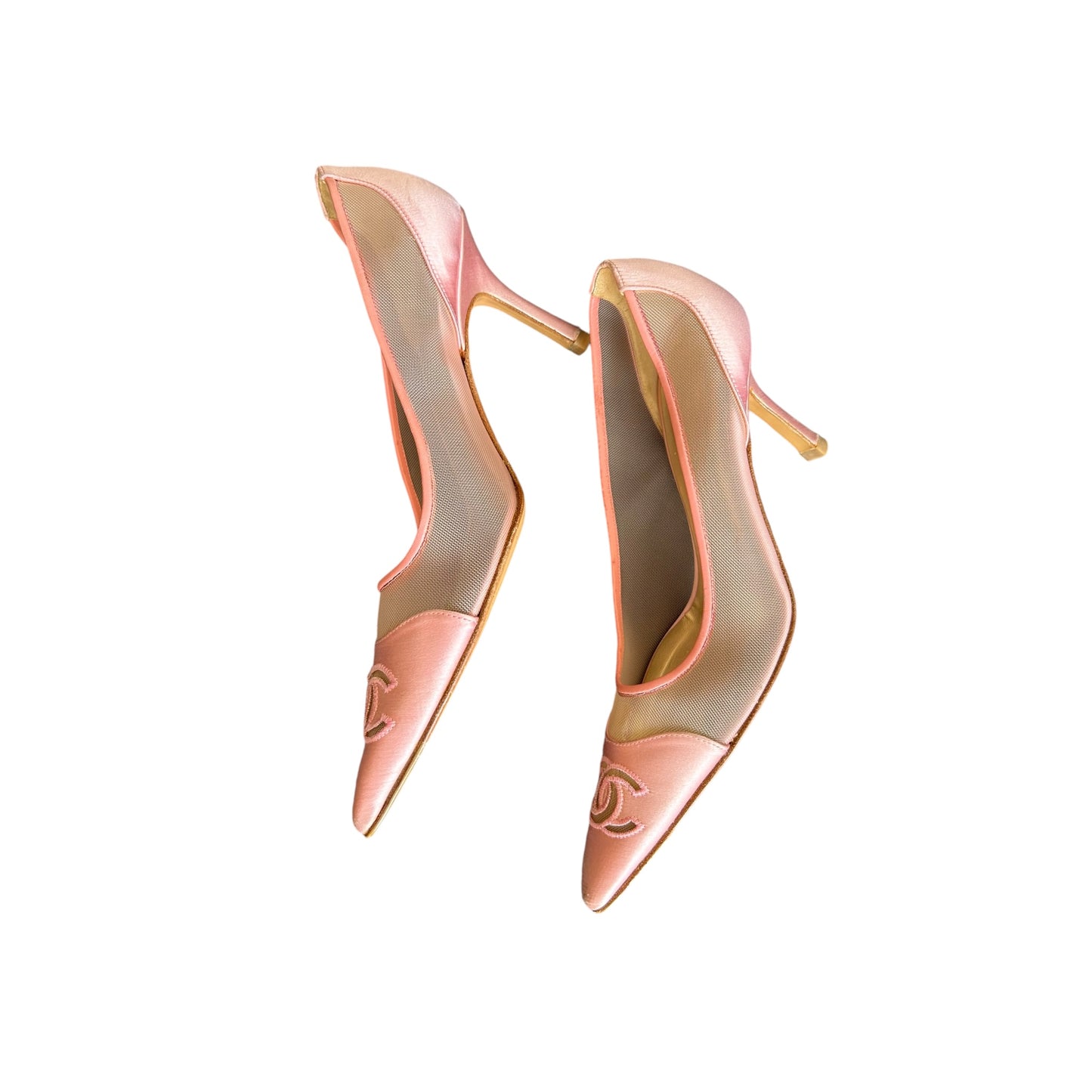 Vintage Rare Chanel CC interlocking logo mesh satin pink heels / 38