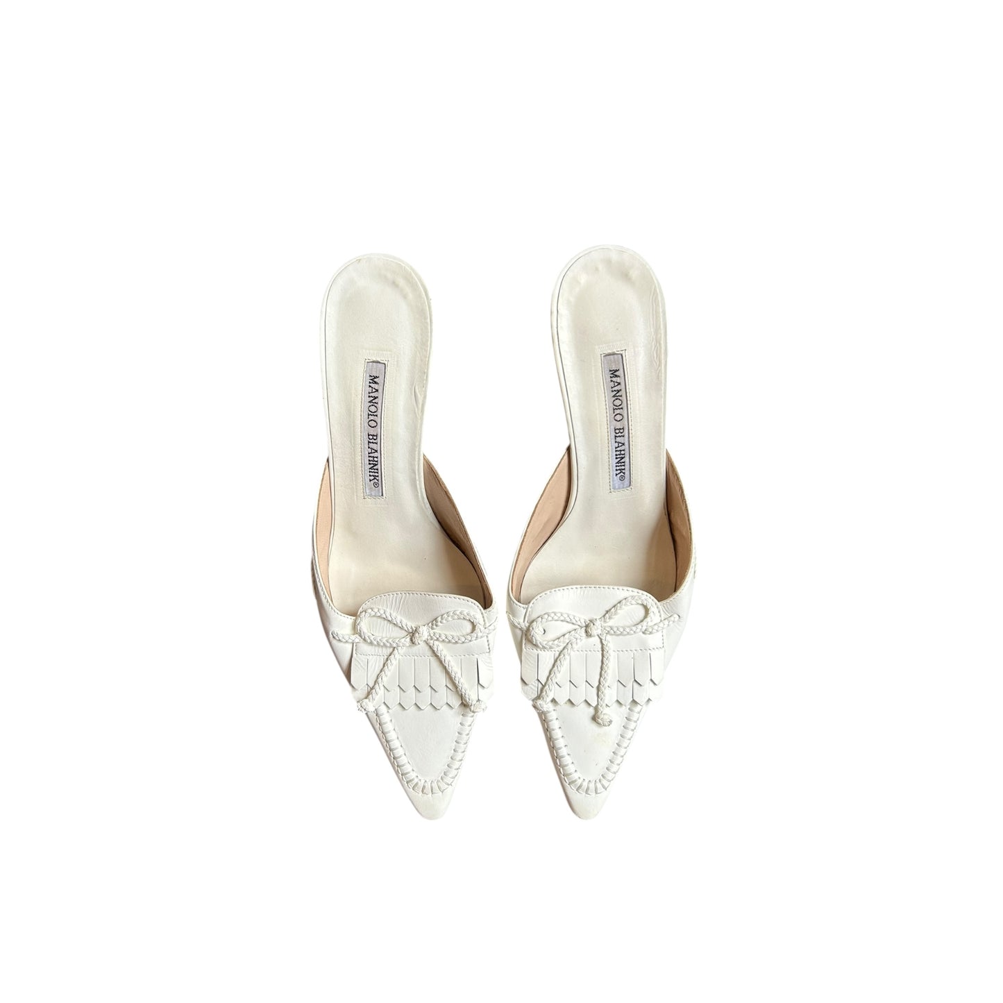 Vintage Manolo Blahnik white tassel bow tie mule heels / 37