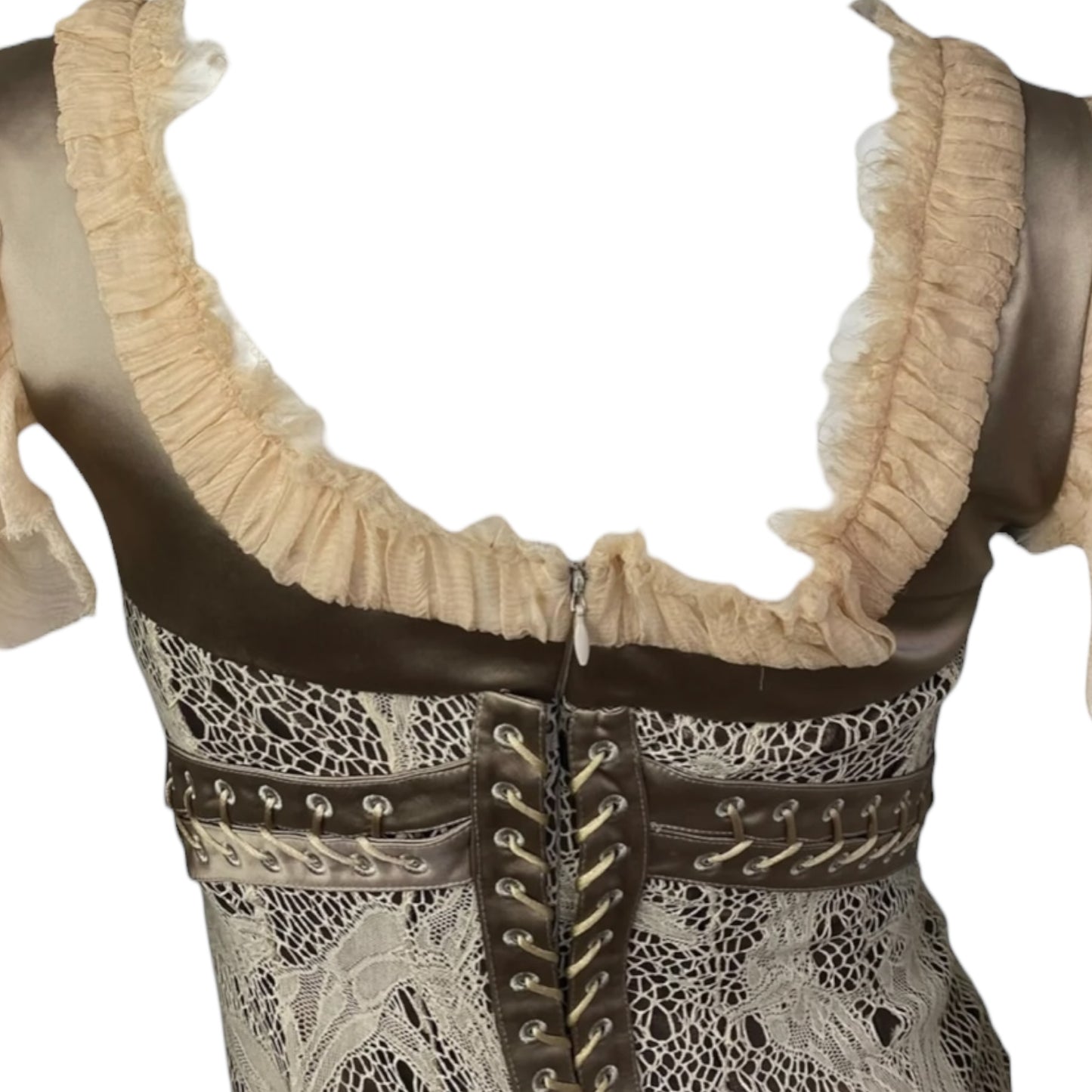 Vintage Alexander Mcqueen Fw2002 «Supercalifragilist Icexpialidocious» Beige Lace & Silk Bondage Corset Midi Dress