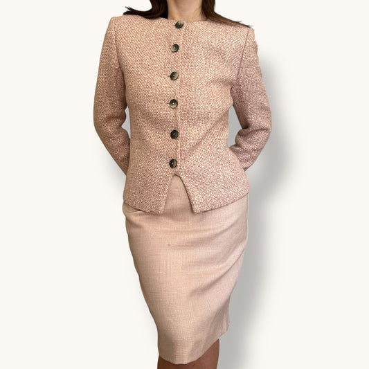 Vintage Valentino wool tweed pink suit skirt set