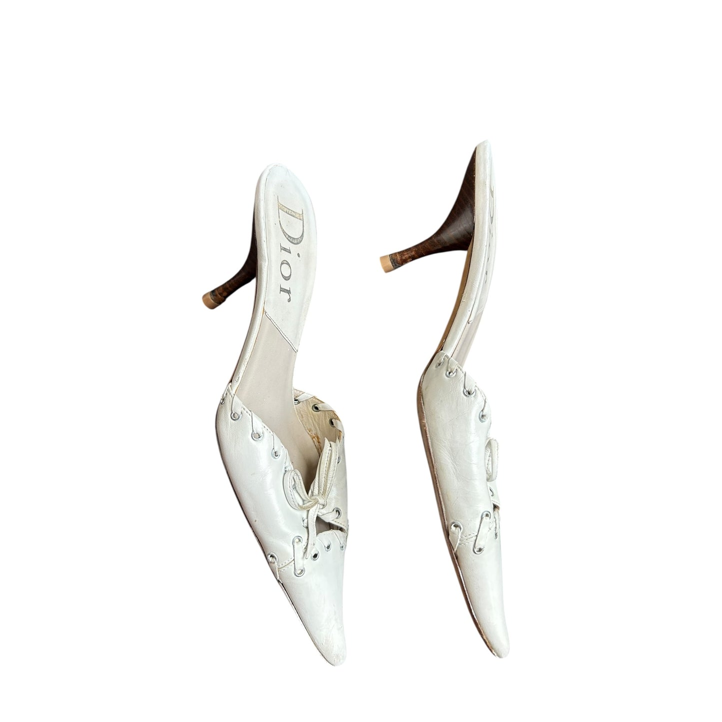 Vintage Dior 2003 Whipstitch Trim Mules "Bondage" collection designed by John Galliano white leather mule heels / 38