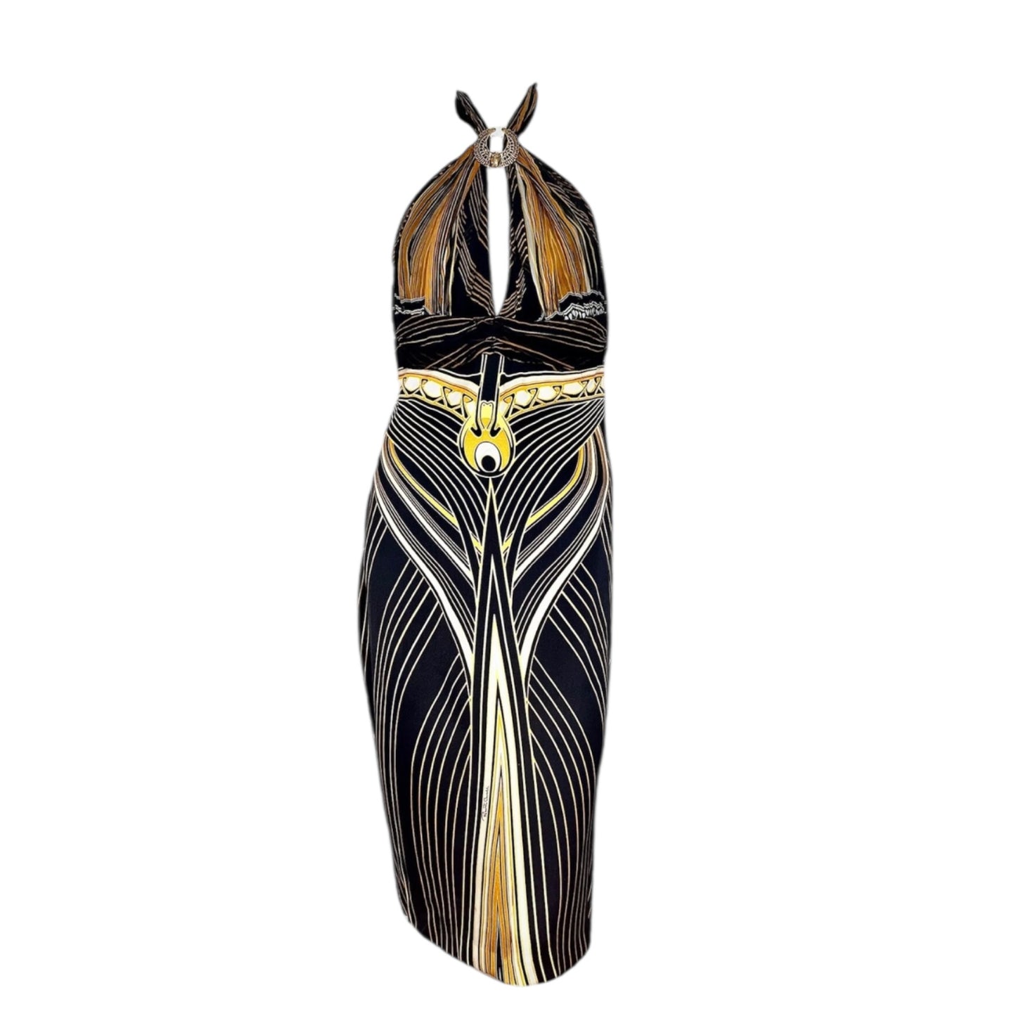 RENTAL ONLY Roberto Cavalli vintage SS2007 Egyptian midi black and gold halter silk dress