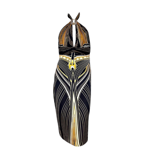 RENTAL ONLY Roberto Cavalli vintage SS2007 Egyptian midi black and gold halter silk dress