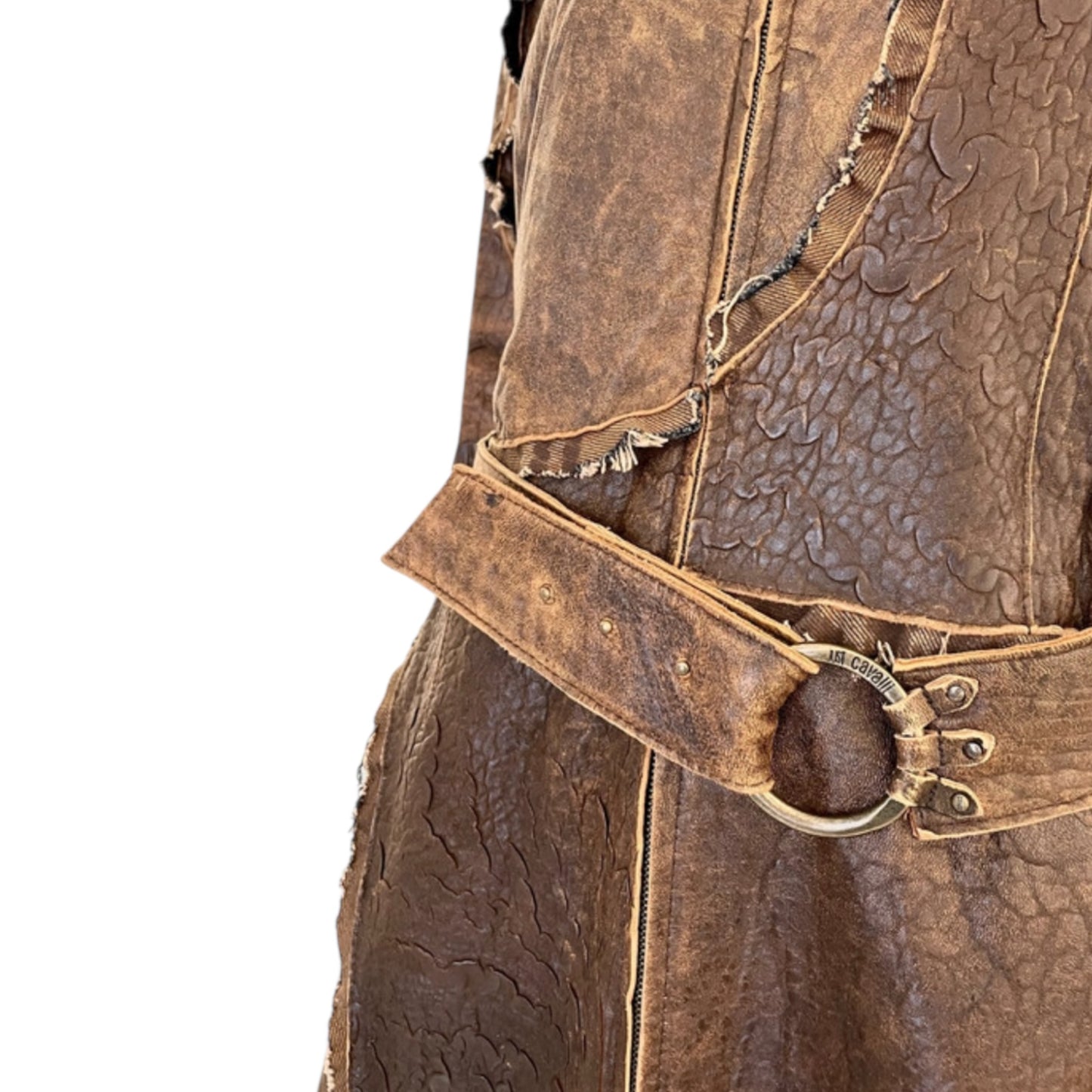 Vintage Cavalli AW05 brown leather asymmetrical distressed coat