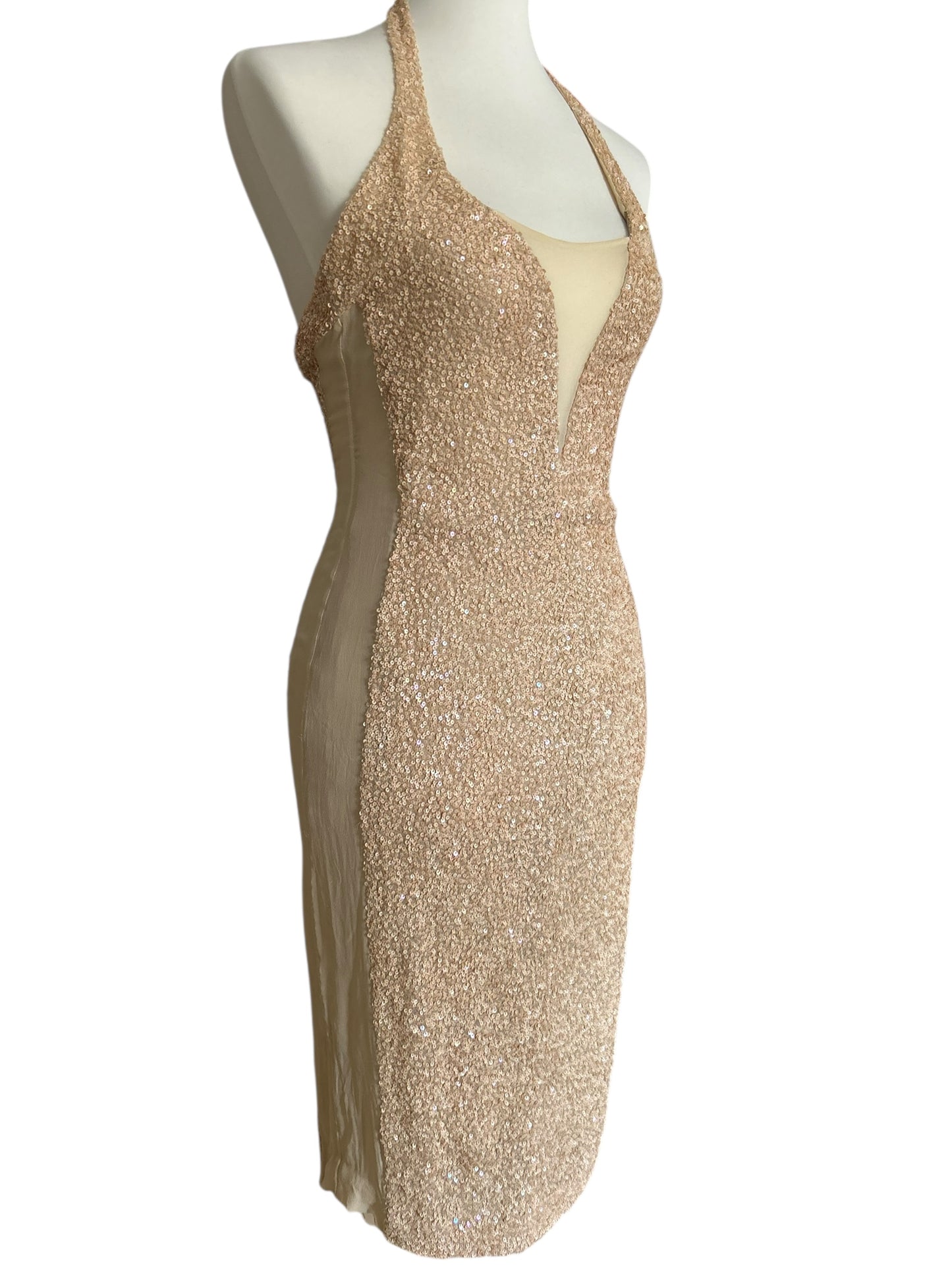 Vintage Cerruti 100% silk midi beige sequined dress