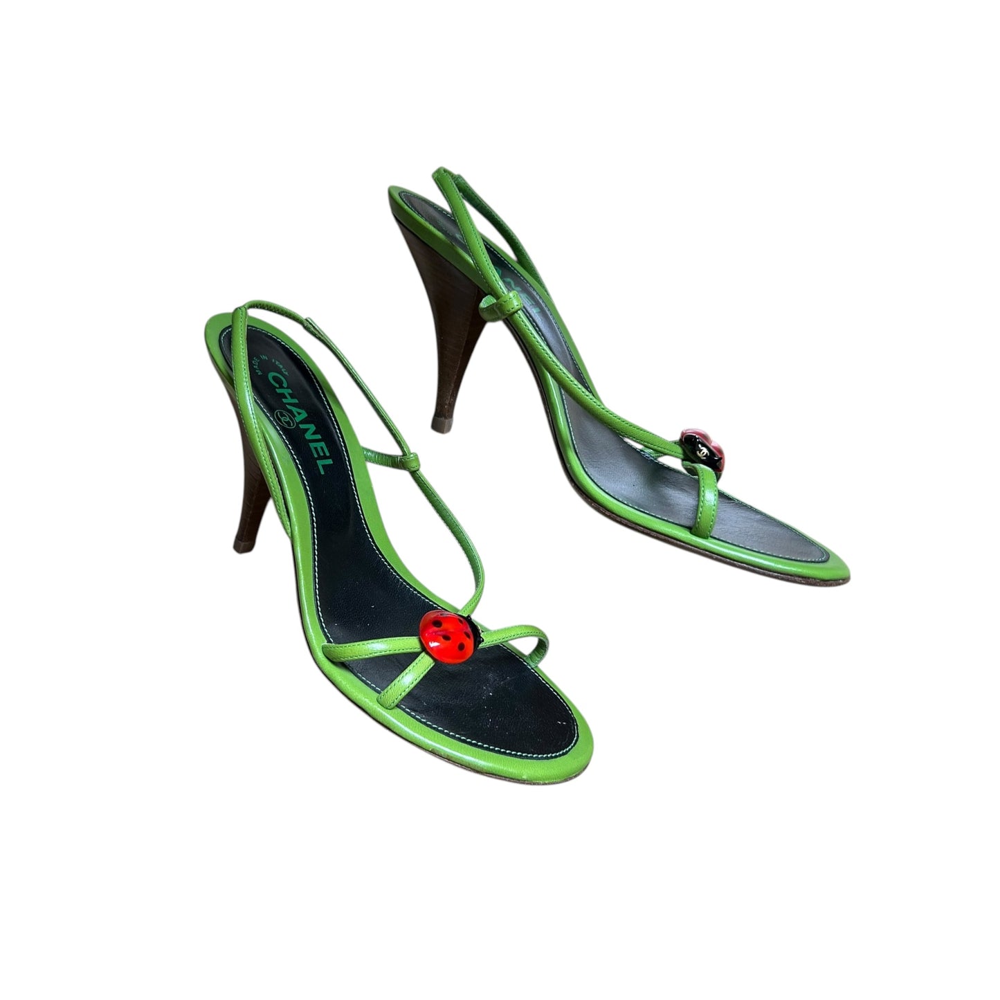 Vintage Chanel green ladybug sandal heels / 39.5
