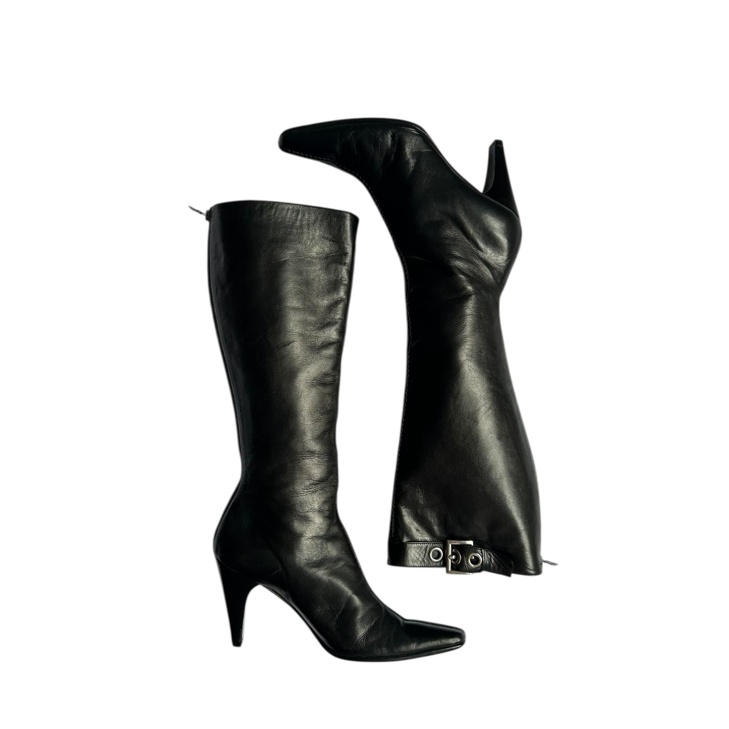 Vintage Prada buckle black leather knee high boots / 36.5